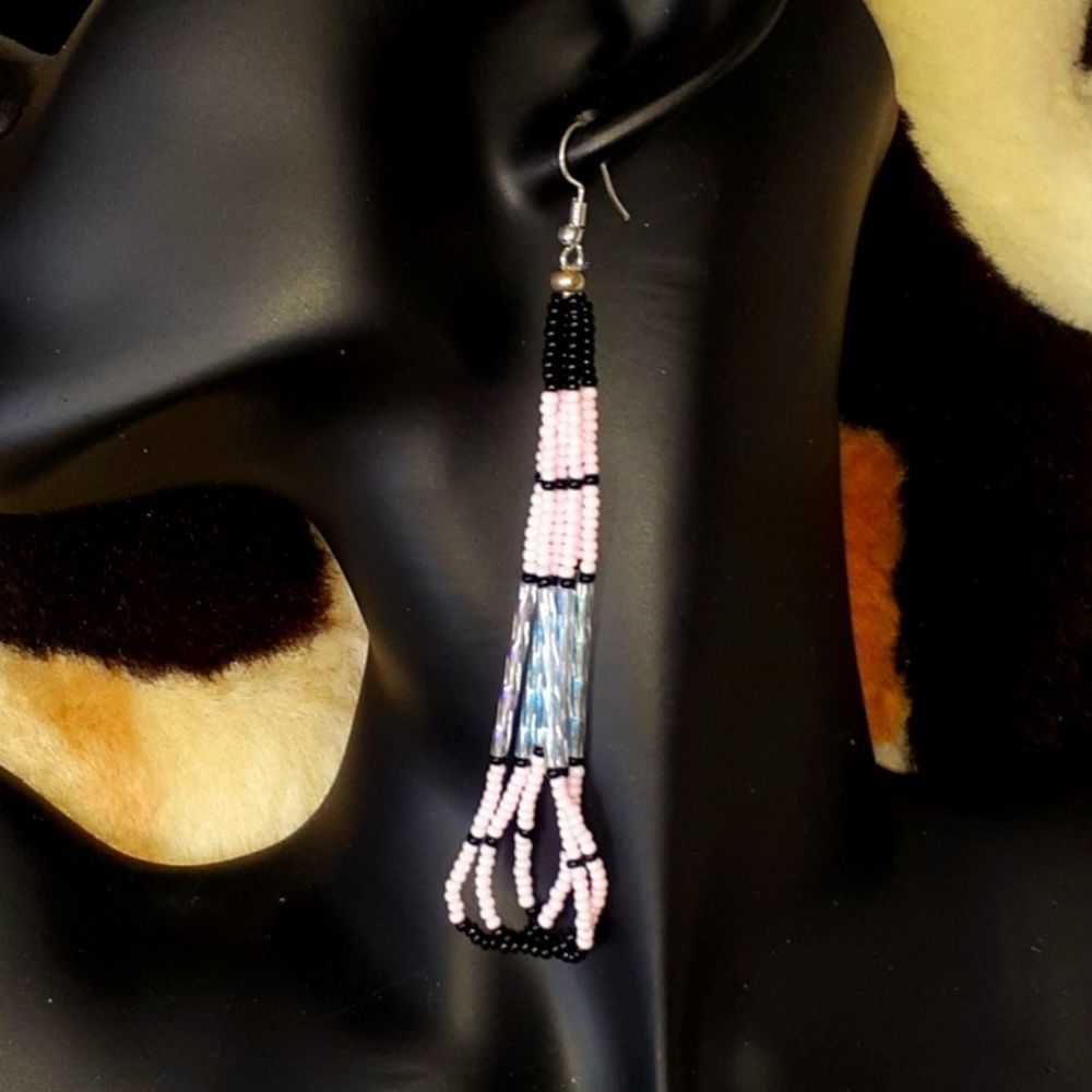 NAVAJO Ex-Long Hand Crafted Pink Twist Seed Beaded Loops Earrings